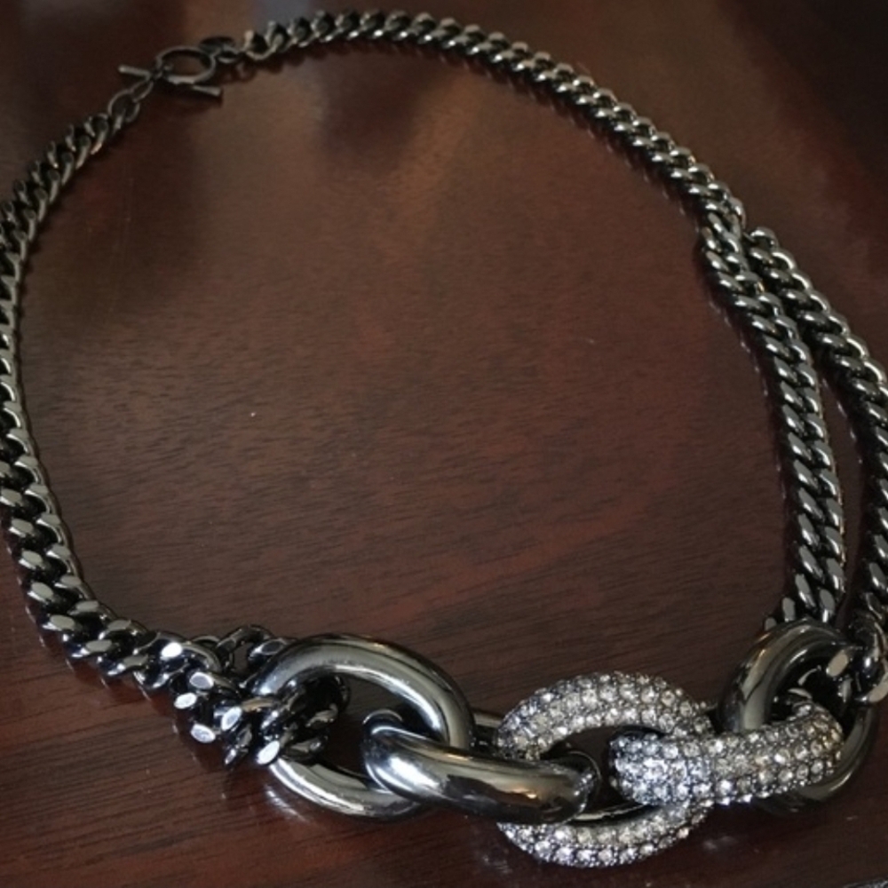 Talbots gunmetal necklace with diamond accents.